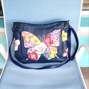 Anuschka Butterfly Hand Painted, Hand Signed Leather Handbag Hero, Multi Pockets